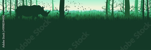 Flat design calm woodland banner with rhinoceros silhouette