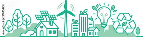 Illustration showcasing a vibrant sustainable city powered by renewable energy sources and embracing eco-friendly practices for a greener future.