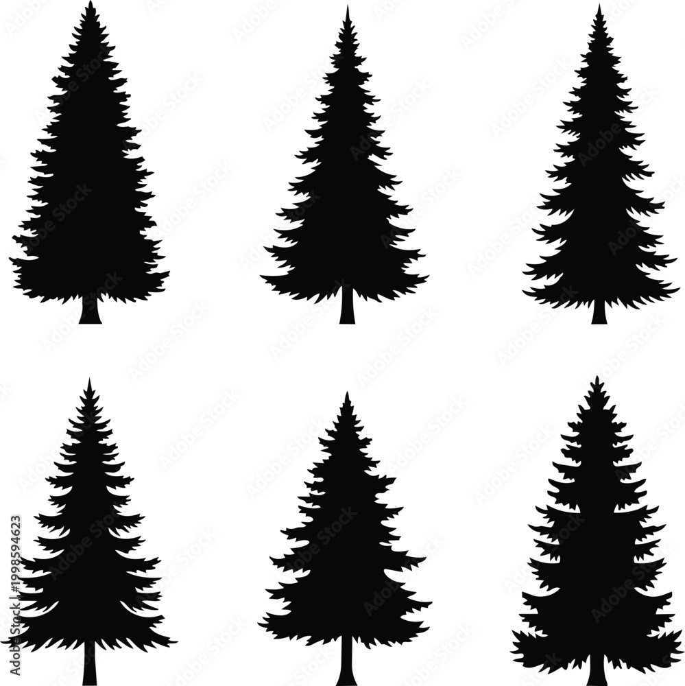 Obraz premium Set of black pine tree silhouettes