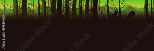 Flat design dark misty woodland banner with deer silhouettes