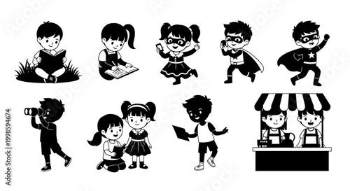 Set of Cute Kids Activities Silhouettes in Black and White