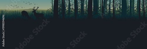Flat design misty woodland banner with deer silhouettes