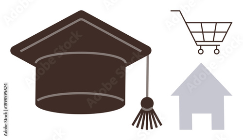 Education, online learning, e-commerce, housing, balance, lifestyle. Graduation cap, shopping cart and home symbols. Education and e-commerce integration concept