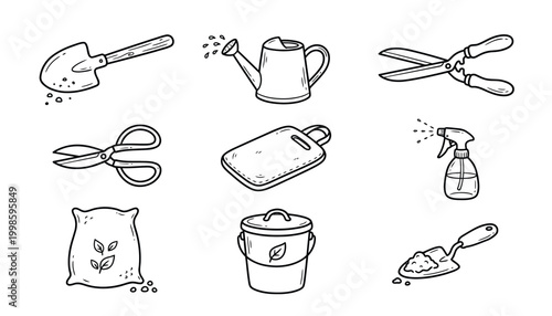 Hand-drawn gardening tools and supplies set with shovel, watering can, pruning shears, scissors, cutting board, spray bottle, fertilizer bag, bucket, and soil scoop.