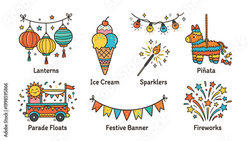Colorful festive party elements including lanterns, ice cream, sparklers, piñata, parade floats, banners, and fireworks.
