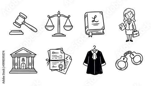 Set of black and white legal and justice icons including gavel, scales, law book, lawyer, courthouse, documents, judge robe, and handcuffs.