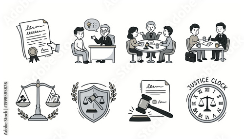 Set of black and white icons representing legal and justice concepts with people and symbols.
