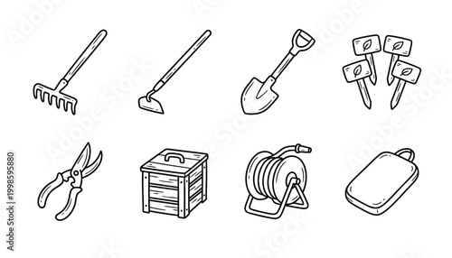 Hand-drawn garden tools including rake, hoe, shovel, trowel, pruning shears, compost bin, hose reel, and cutting board.