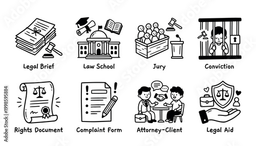 Hand-drawn legal process icons including law school, jury, conviction, and attorney-client interaction.