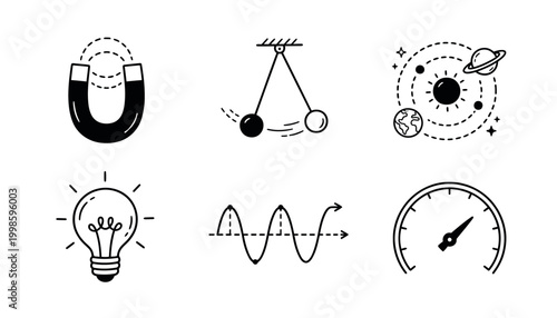 Set of six black and white science and physics icons representing magnetism, pendulum, planetary orbit, light bulb, wave, and speedometer.