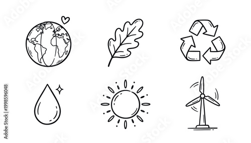Hand-drawn eco-friendly symbols representing environmental sustainability and renewable energy.