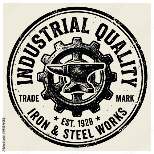 Vintage industrial quality logo with anvil and gear design for iron and steel works established in 1928.