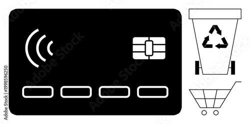 Digital transactions, waste management, e-commerce, recycling, payment systems, sustainability. A contactless payment card beside a recycling bin and shopping cart icon. Digital transactions