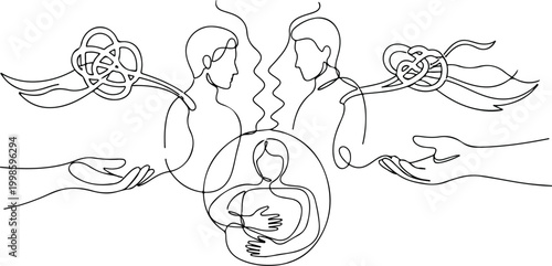 A funny hand drawn vector illustration of a mother and child with a cat in a fairytale book outline style for a children coloring page