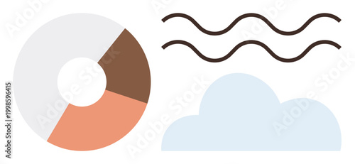 Data analysis, weather forecasting, minimal graphics, presentation visuals, reports, abstract art. Circle graph, wavy lines cloud. Data analysis and weather forecasting concept