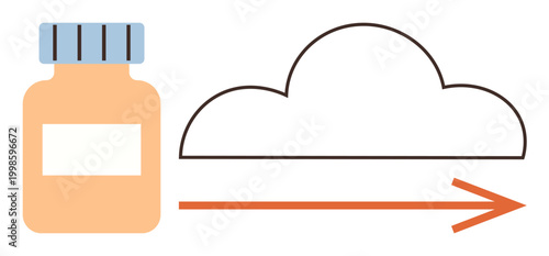 Digital health, cloud storage, medical data, pharmaceutical logistics, remote healthcare, technology. Medicine bottle with a cloud and arrow. Digital health and cloud storage concept