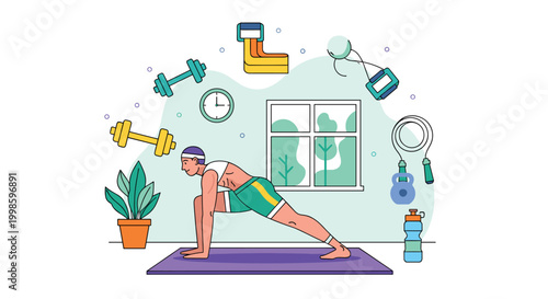 Man doing pushups on a purple mat in a room with exercise equipment and a plant, Generative AI.