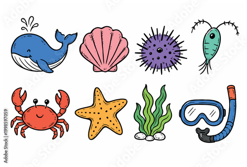 Colorful hand drawn cartoon sea creatures and snorkeling icons.