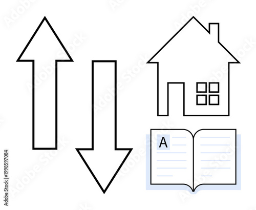 Education, navigation, learning, homeownership, decision-making, minimalism. Black arrows pointing up and down, a house outline and an open book with the letter A. Education and navigation concepts