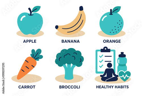 Flat colorful icons of fruits, vegetables and healthy habits checklist.