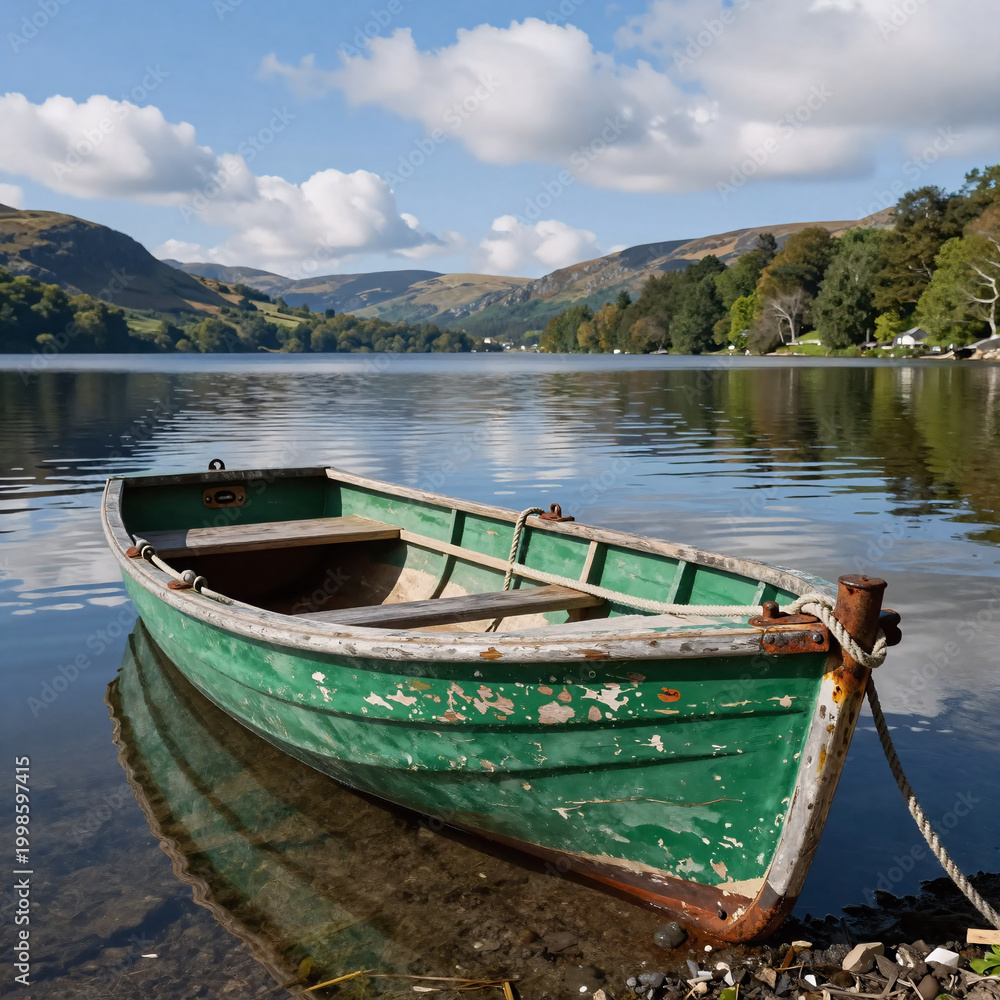 Obraz premium Celtic Art Boat Green. A Weathered Green Boat Stands On The Shore Of A Clear Lake