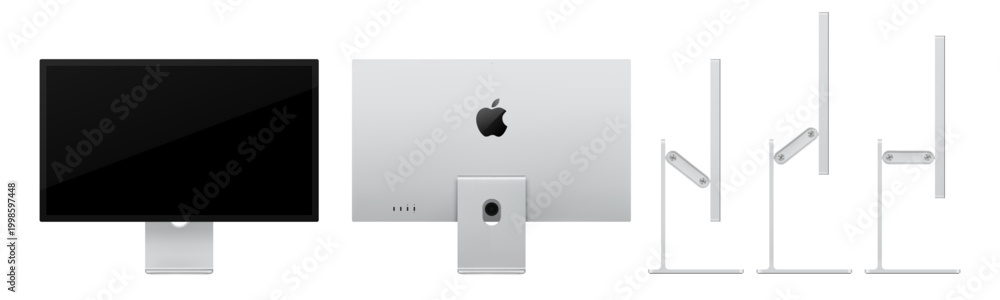 Fototapeta premium Photorealistic detailed Apple Studio Display XDR 27 inches 2026 mockup. Real dimentions. Front, back and side view isolated on white background. Vector editorial illustration