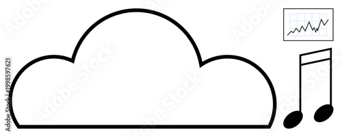 Data storage, music streaming, cloud computing, digital analytics, online services, file sharing. Cloud shape with musical note and analytics chart. Data storage and music streaming