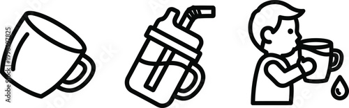 Set of icons: cup, sippy cup, person drinking from mug