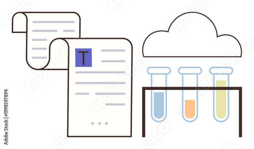 Data storage, document management, laboratory research, cloud computing, science innovation, technology integration. Documents, cloud and test tubes data and research concepts. Data storage