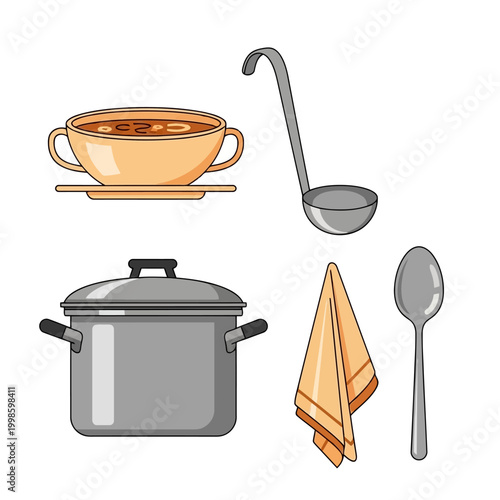 Set of kitchen utensils for soup preparation and serving including pot bowl ladle spoon and tea towel isolated on white background for culinary concept flat vector.