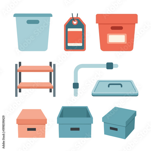 Set of storage container icons including bins, boxes, shelves, and a lid with handle for organization on white background.