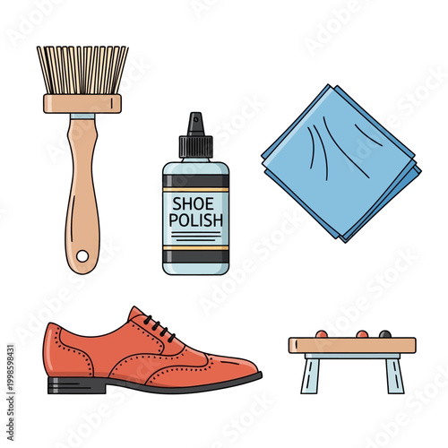 Shoe care set with polish brush cloth shoe and shoe tree flat vector illustration icons for website and design.