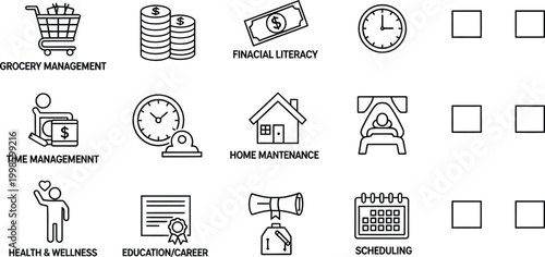Life Management Icons: Finance, Health, Home, Time, Education, Schedule