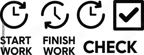 Start Finish Check Work Icons with Clock and Checkmark Symbols