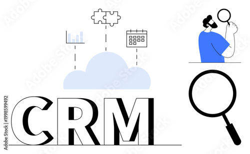 CRM concept. CRM graphic cloud integration, analytics, scheduling, and puzzle connections for efficient business operations. CRM improves customer management. business tools, optimization, data