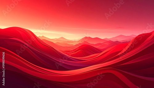 Undulating red landscape with flowing hills, soft light on the horizon, evoking a sense of warmth and vastness