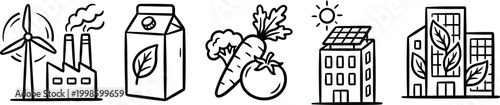 Set of hand drawn eco friendly icons including wind energy, organic food, solar panels and green buildings