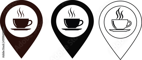 Coffee cup location pins color silhouette and outline variations