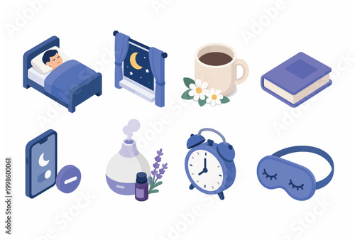 Collection of sleep and bedtime routine icons.