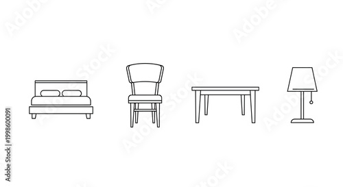 Vector line drawings of furniture including a bed chair table and lamp, Generative AI.