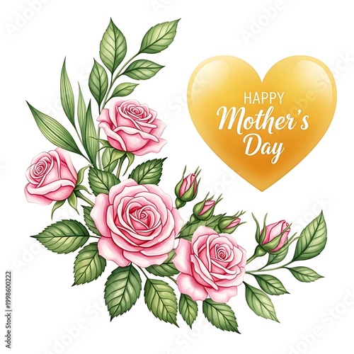 Happy Mothers Day Greeting Card with Pink Roses and Heart Shape
