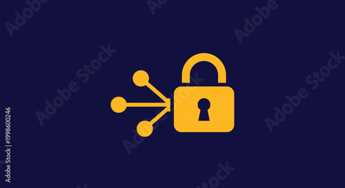 A yellow padlock icon with a network connection on a dark blue background representing secure data access and protection, Generative AI.