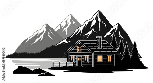 mountain cabin with snowy peaks and forest silhouette high quality professional detailed modern elegant stylish clean crisp vibrant colorful digital creative