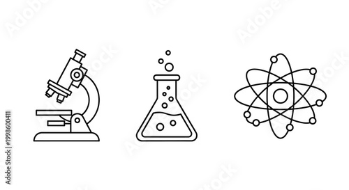 Black line icons of a microscope beaker and atom, Generative AI.