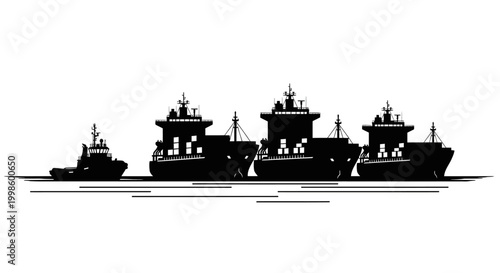 fleet of cargo ships and tugboat silhouette high quality professional detailed modern elegant stylish clean crisp vibrant colorful digital creative innovative