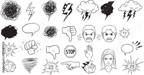 Dynamic collection of hand-drawn vector icons symbolizing strong emotions, frustration, and chaotic energy, featuring angry faces, storm clouds, lightning, speech bubbles, and expressive gestures