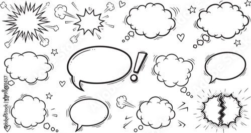 A versatile collection of hand-drawn comic style speech bubbles, thought balloons, and dynamic explosion effects, perfect for adding expressive communication concepts to any creative design project