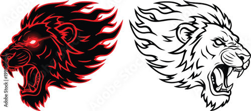 Roaring lion head with fiery mane and glowing red eyes in a fierce graphic design, alongside a black and white outline version.