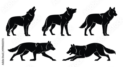 Black Wolf Silhouettes in Various Poses howling standing