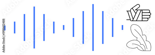 Audio technology, sound , communication, sound analysis, modern design, minimalism. Blue sound waves with a hand OK gesture and abstract linear shapes. Audio technology and communication concept